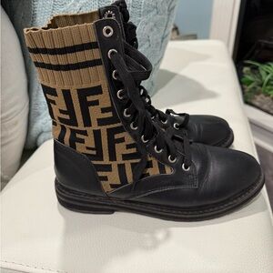 Fendi Black and Brown Logo Combat Boots